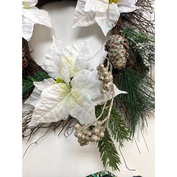 Artificial Winter Wreath White Poinsettias & Pinecones - Picture 4 of 5